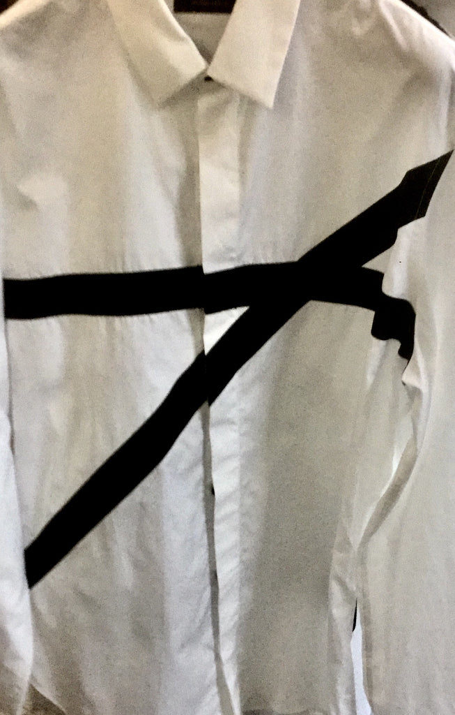 UNCONDITIONAL White and Black long sleeve FAUX bondage shirt.