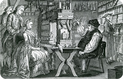 Drawing of woman and two male onlookers at an 18th Century Apothecary. The pharmacist is holding an elixir or tincture.