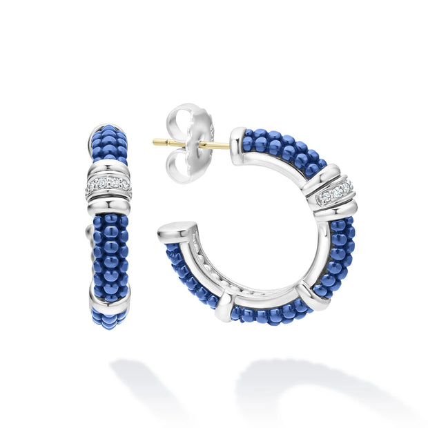 Sterling Silver Ultramarine Ceramic Caviar and Diamond Hoop Earrings