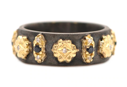 18K Yellow Gold and Blackened Sterling Silver Old World Collection Black Sapphire and Diamond Ring