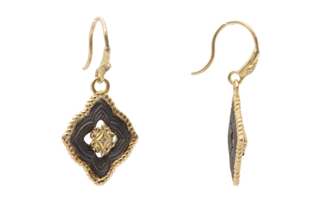 18K Yellow Gold Blackened Sterling Silver and Diamond Scroll Drop Earrings