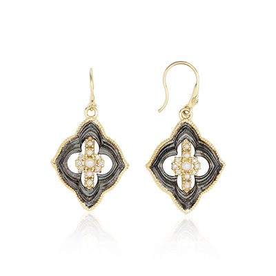 Blackened Sterling Silver 18K Yellow Gold Diamond and Pearl Earrings