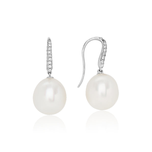 18K White Gold Diamond South Sea Pearl Drop Earrings