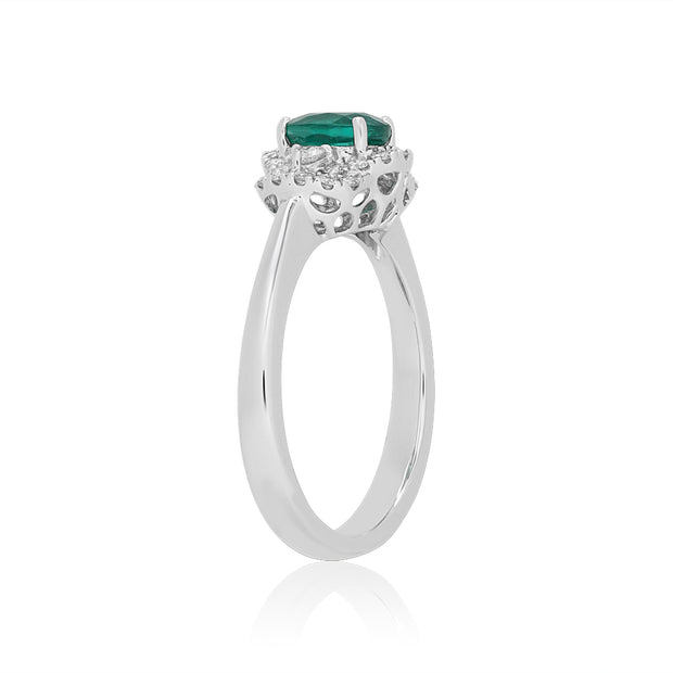 18K White Gold Diamond and Emerald Halo Three Stone Ring