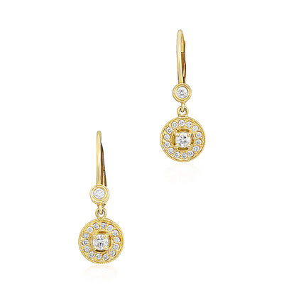 18K Yellow Gold Round Diamond Drop Earrings