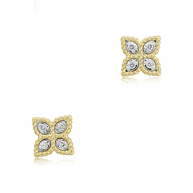 18K Yellow Gold Princess Flower Earrings With Petals Set With Round Diamonds