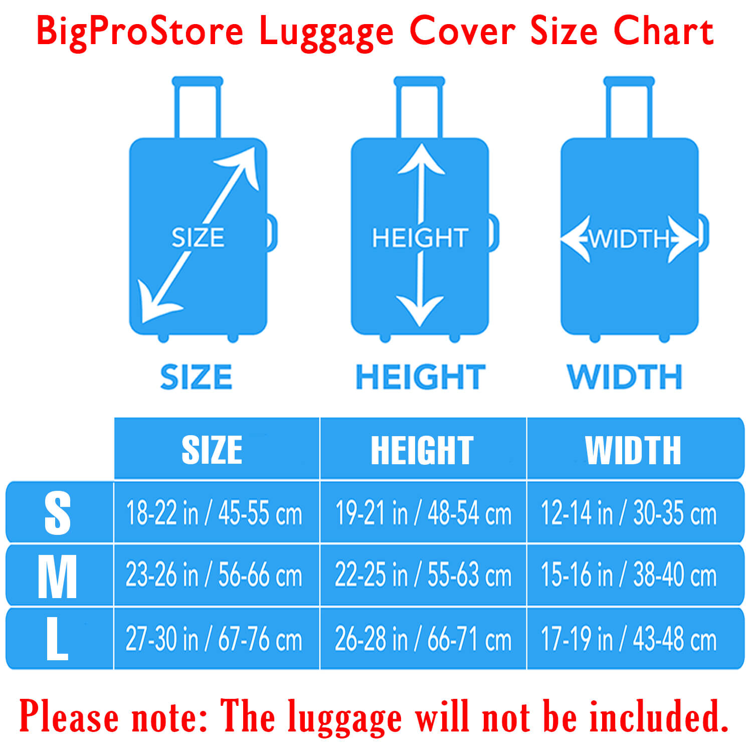 BigProStore Luggage Suitcase Cover Size Chart
