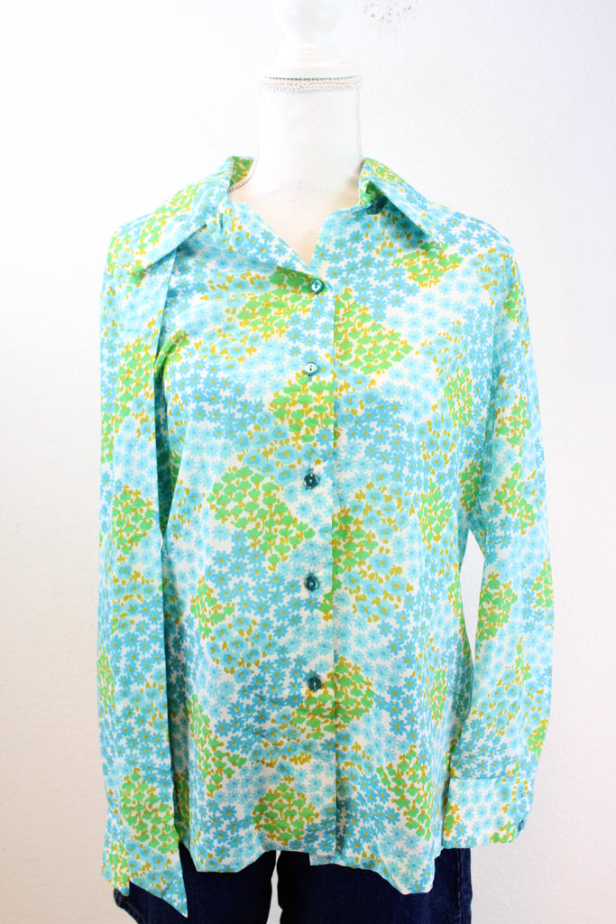 Vintage Blue Floral Blouse (M) - ramanujanitsez Online