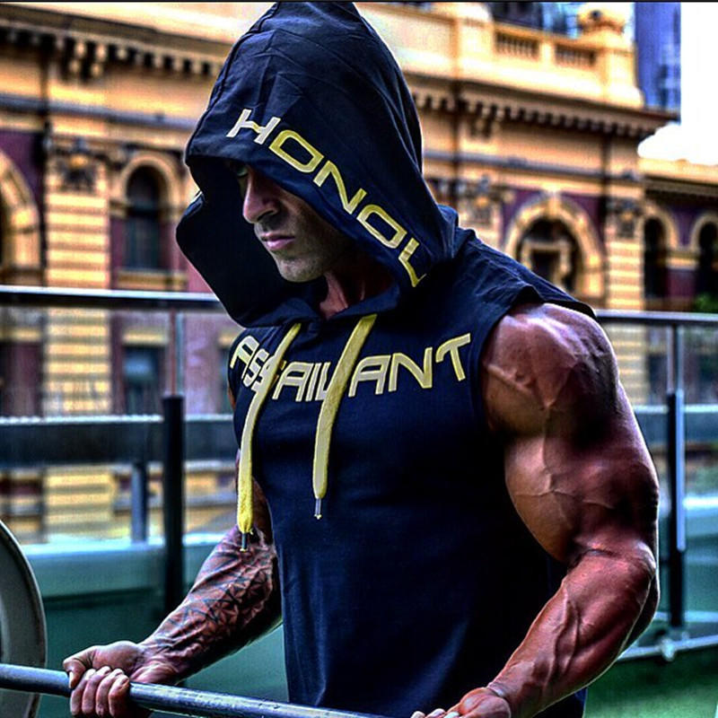 Mens Cotton Hoodie fitness clothes bodybuilding tank top