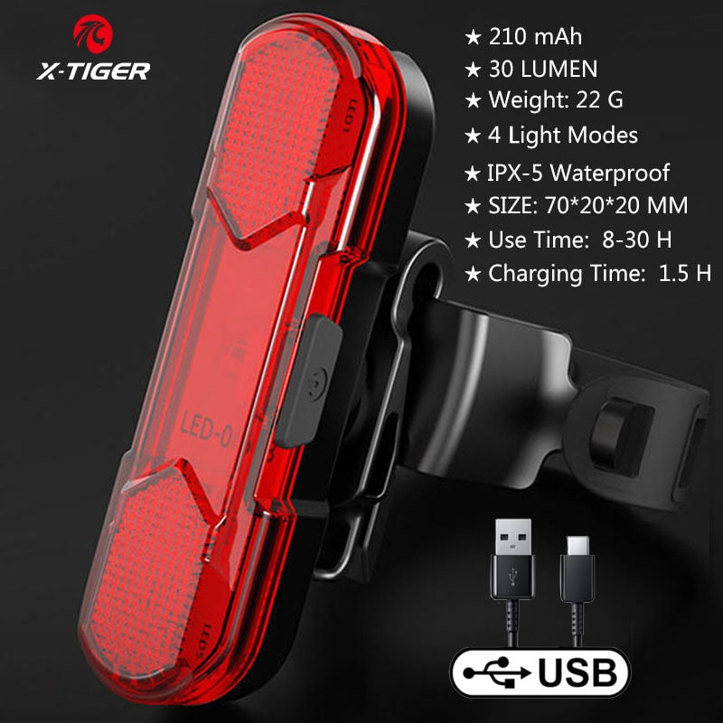 X-TIGER Bicycle Rear Light USB Rechargable Cycling LED Tail Light Waterproof MTB Safety Warning Bike light