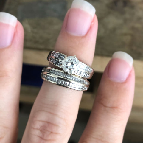 before engagement ring and wedding band with baguette diamonds