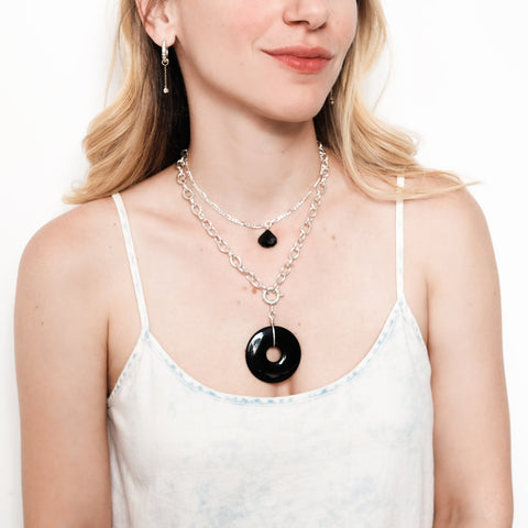 Black Onyx and Chalcedony sterling silver chunky chain necklace