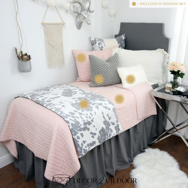 Blush Pink Grey Cowhide Dorm Bedding Set Rustic Dorm Bedding