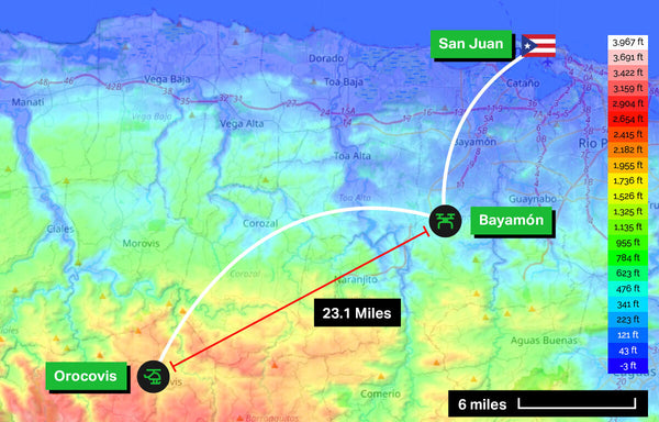 Topography map showing The test team successfully sent off-grid text messages from Orocovis to Bayamón in Puerto Rico using a single goTenna Pro mesh network hop — a total distance of 23.1 miles.