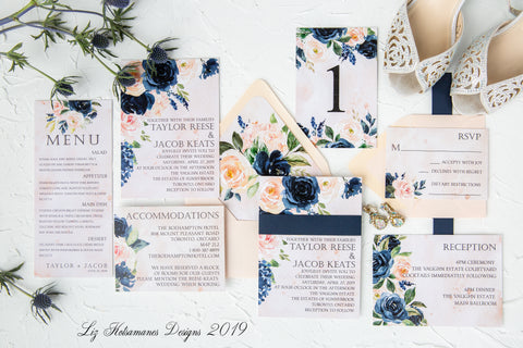 navy and blush luxury wedding invitation liz kotsamanes designs Cambridge, Ontario Canada