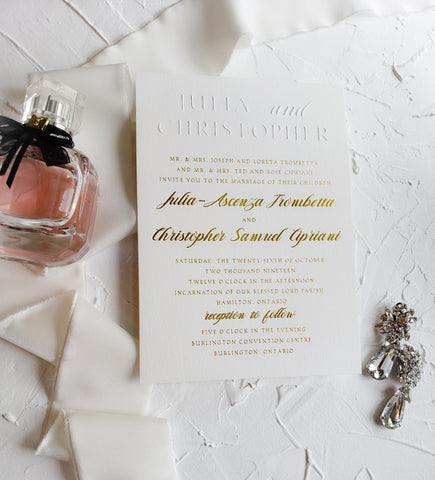 embossed gold foil letterpress wedding invitation