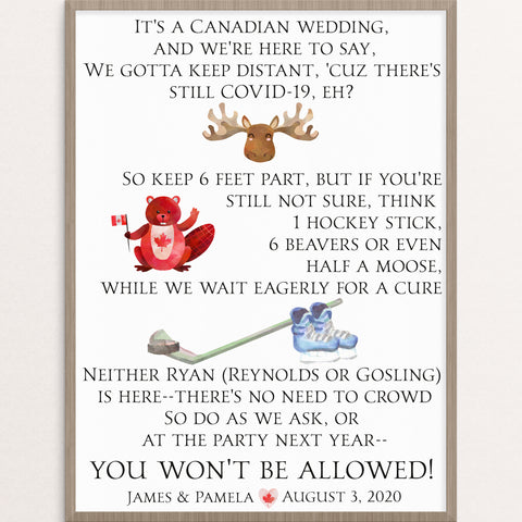 canadian themed social distancing wedding sign day of stationery customized keep back 6 feet 