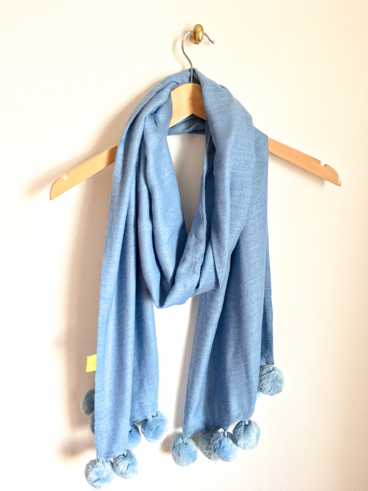 Poppy Pom Pom Wool Scarf, Soft Blue