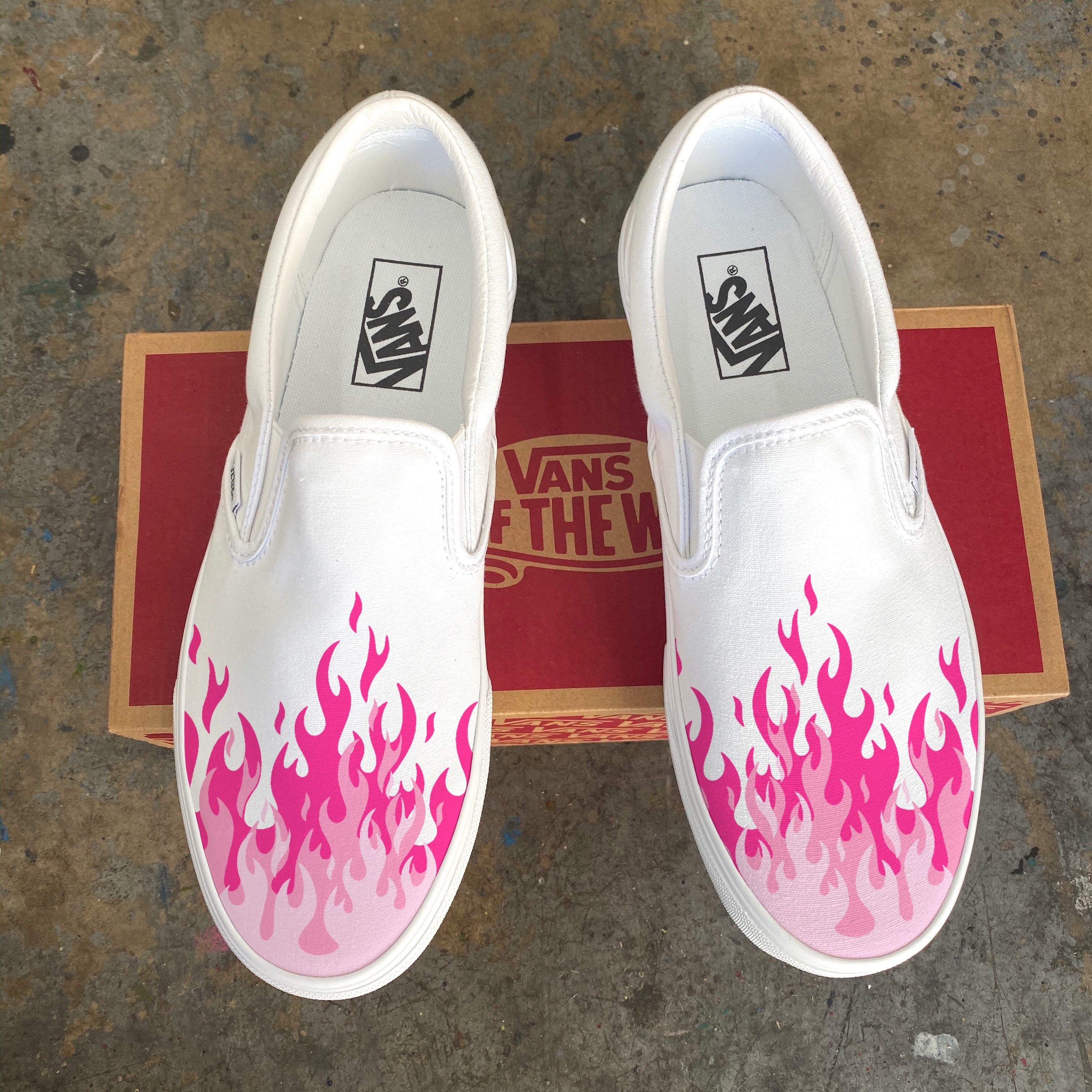 Hot Pink Flame - Custom Vans White Slip On Shoes –