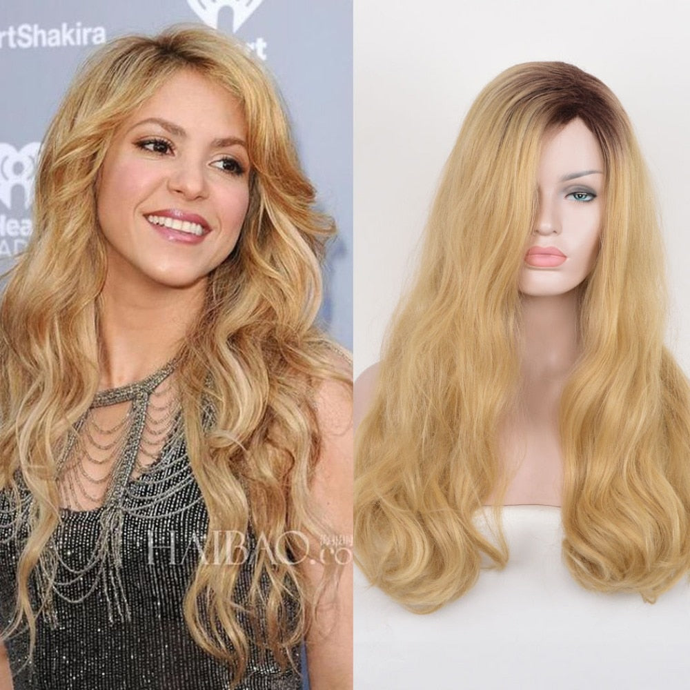 Shakira Fancy Dress Gold Blonde Ombre Black Root Long Curly Hair