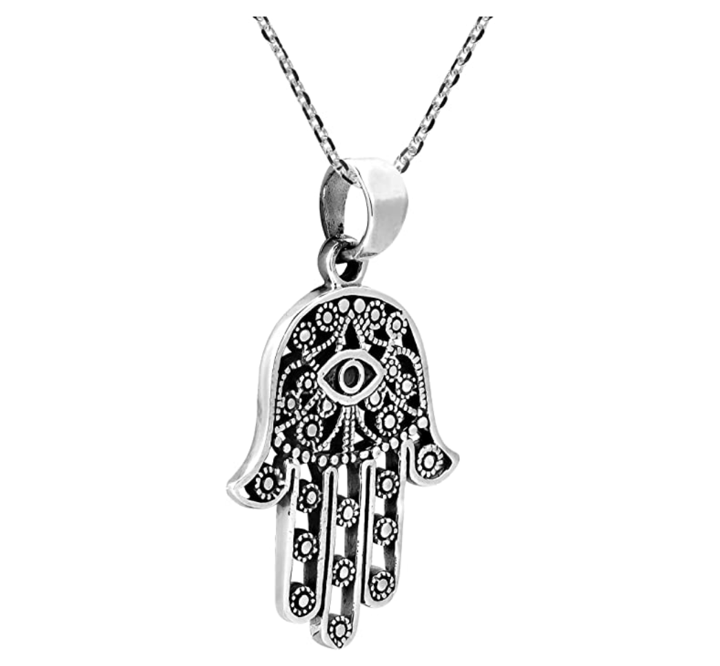 Hamsa Judaica Necklace Pendant Kabbalah Evil Eye Hand Of Fatima Spiral Silver 
