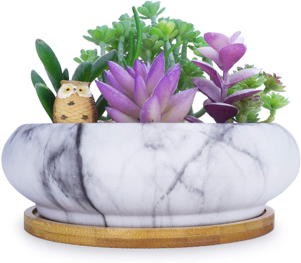 Decorative Garden Cactus Flower Plant Bowl for Home/Office Round Ceramic Marble Succulent Planter Pot with Stand Artketty 10 Inch Large Bonsai Planter Pot with Drainage