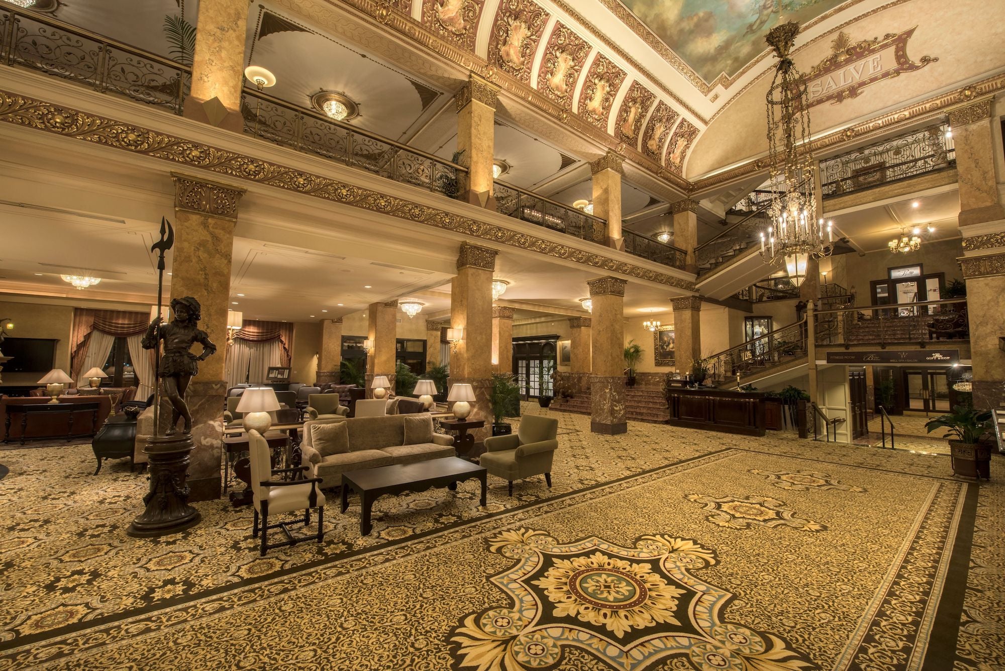 An ornately decorated lobby at the Pfister Hotel. 