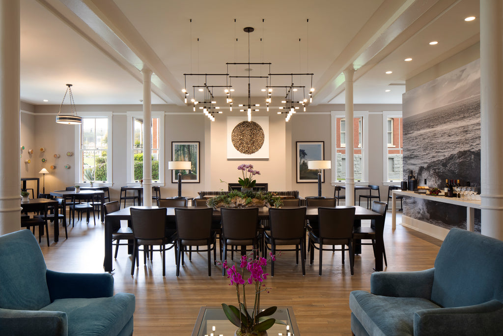 A large dining room at the Lodge at Presidio. The room and furnishings are well designed and artistic.  