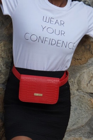 Alyssa Belt Bag (red) and the Wear Your Confidence tee