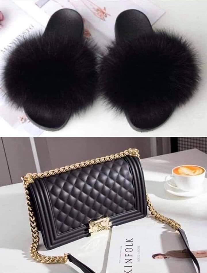 fur slides with matching purse