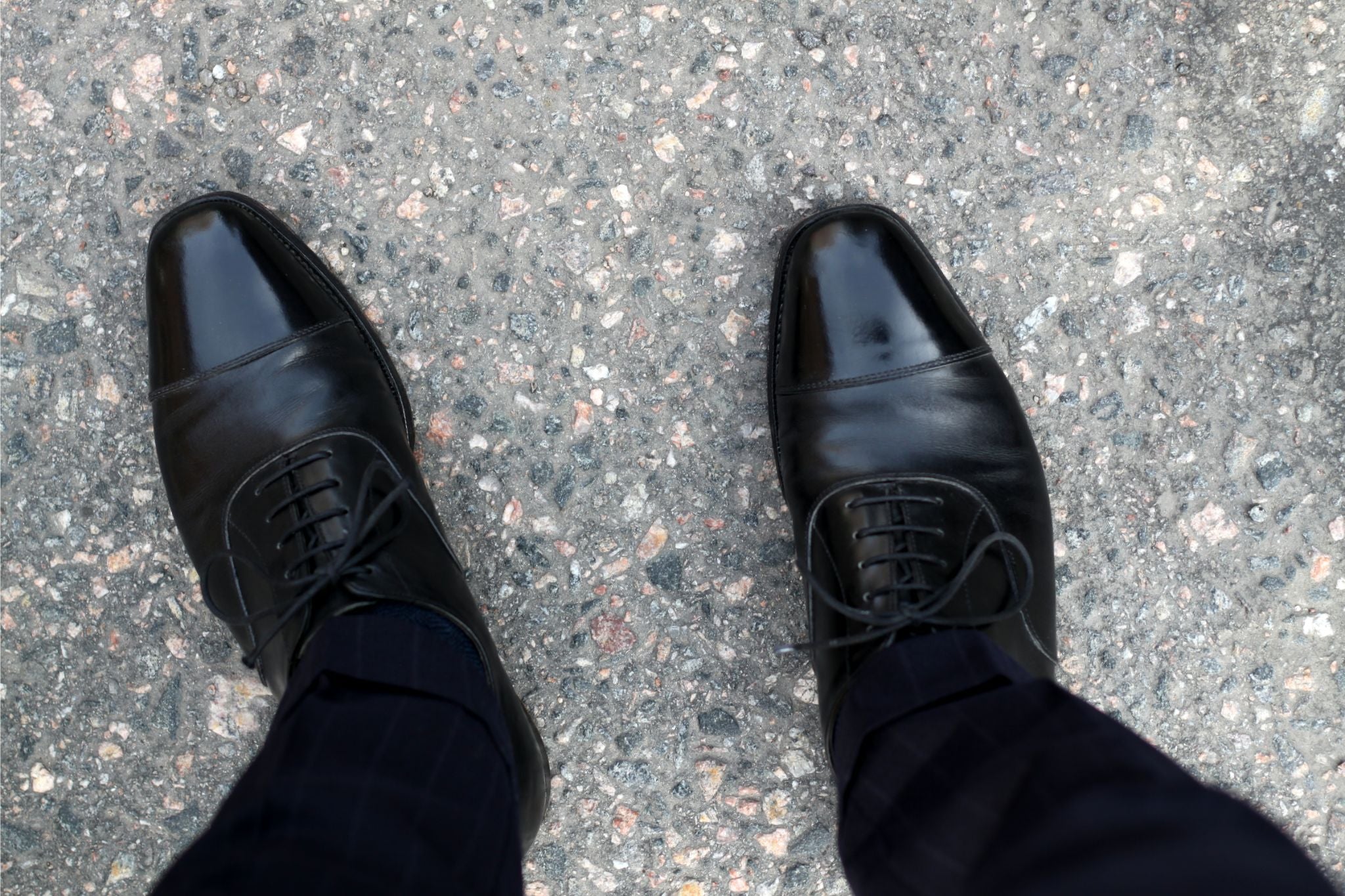 Black oxfords with blue chalk stripe suit