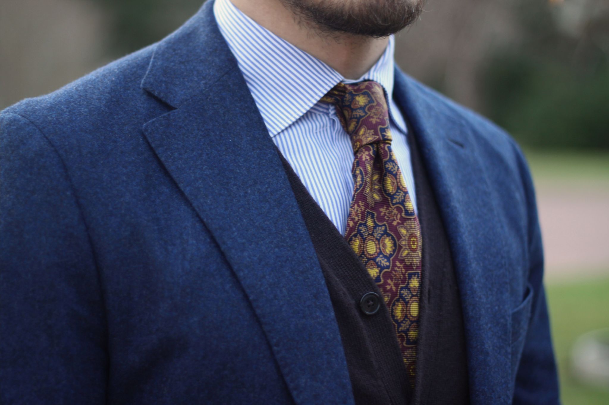 Blue blazer with cashmere cardigan and striped shirt