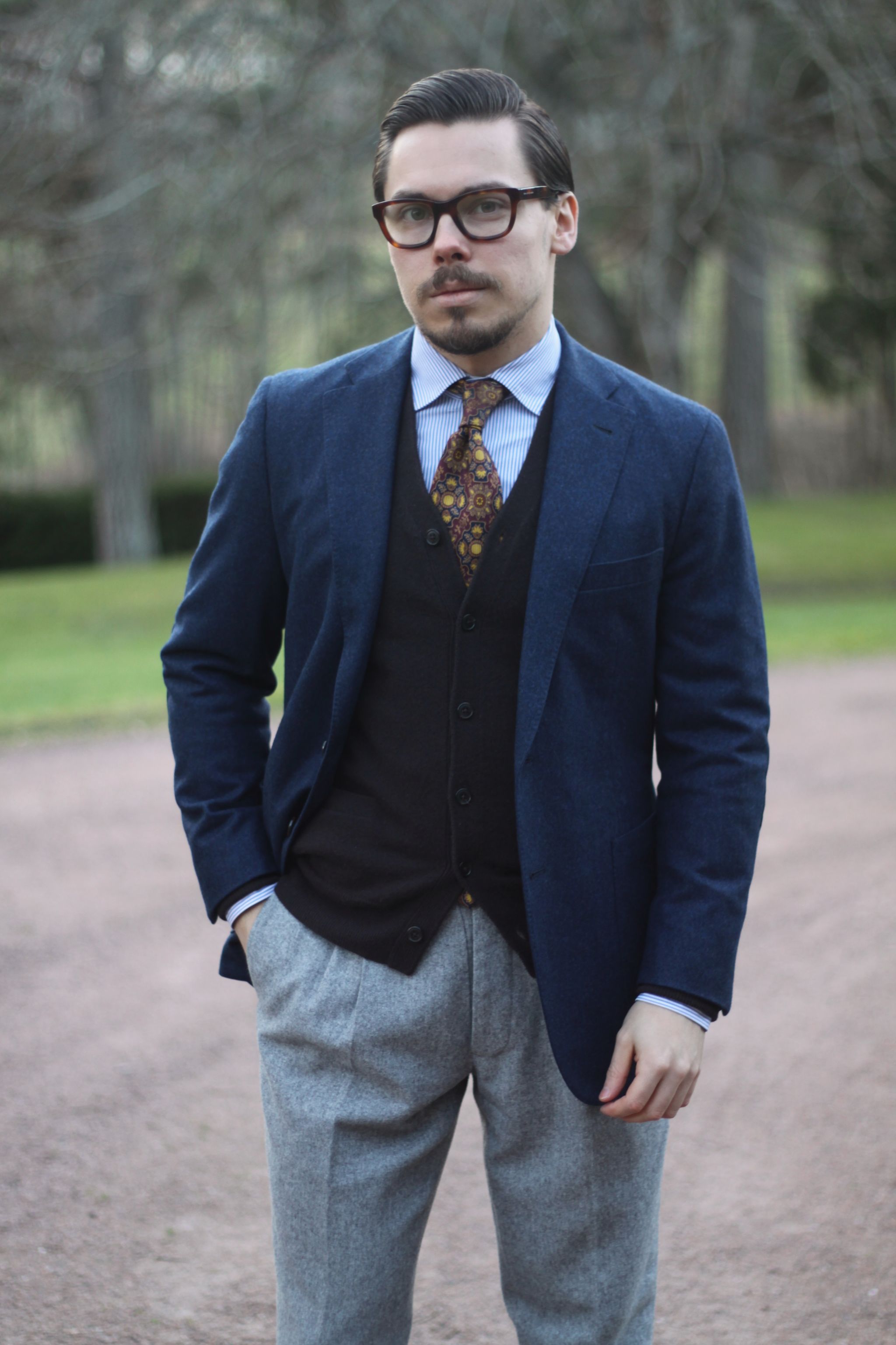 Blue flannel wool blazer with gray flannel trousers