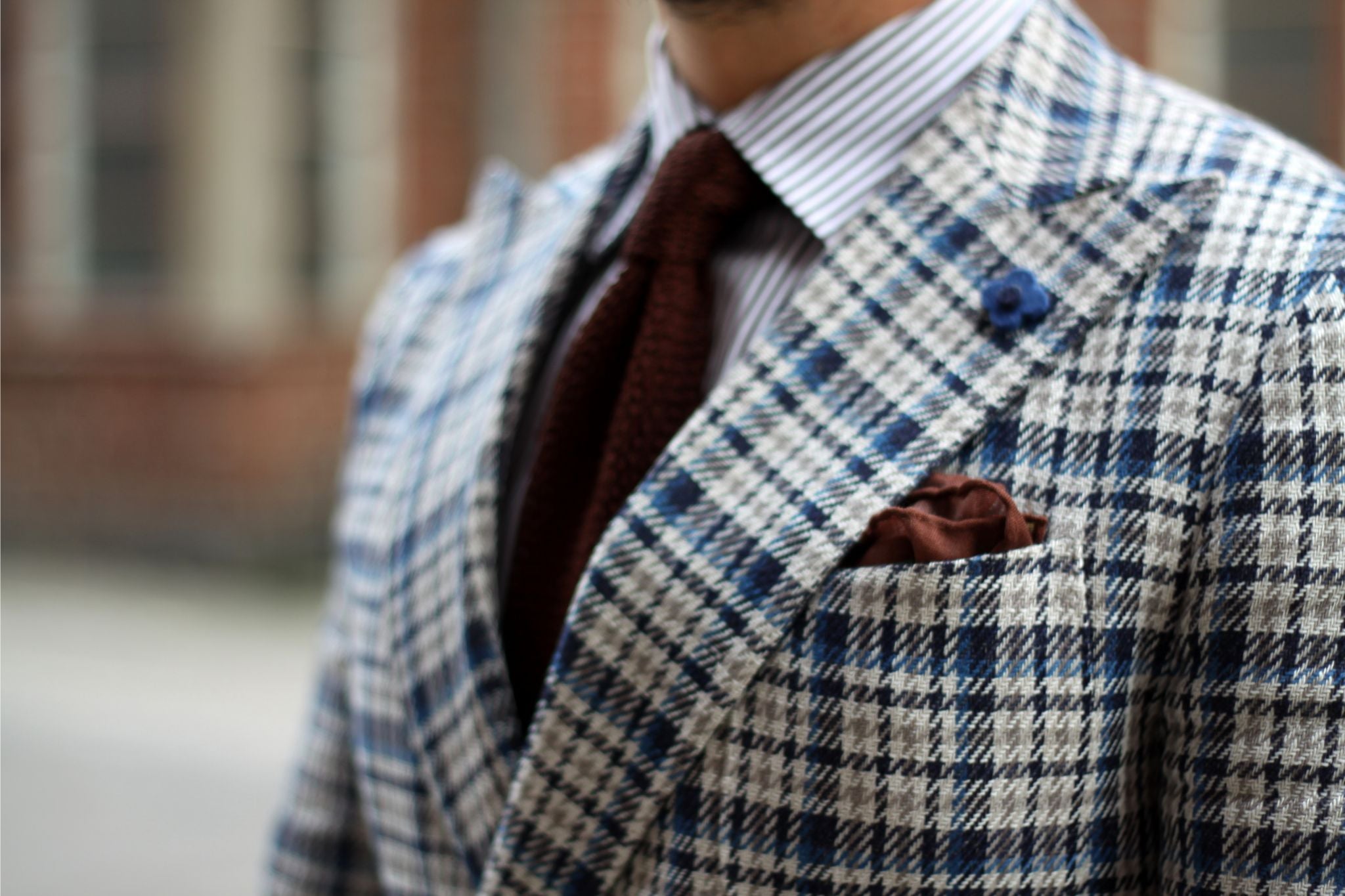 Brown silk knitted tie and wool pocket square