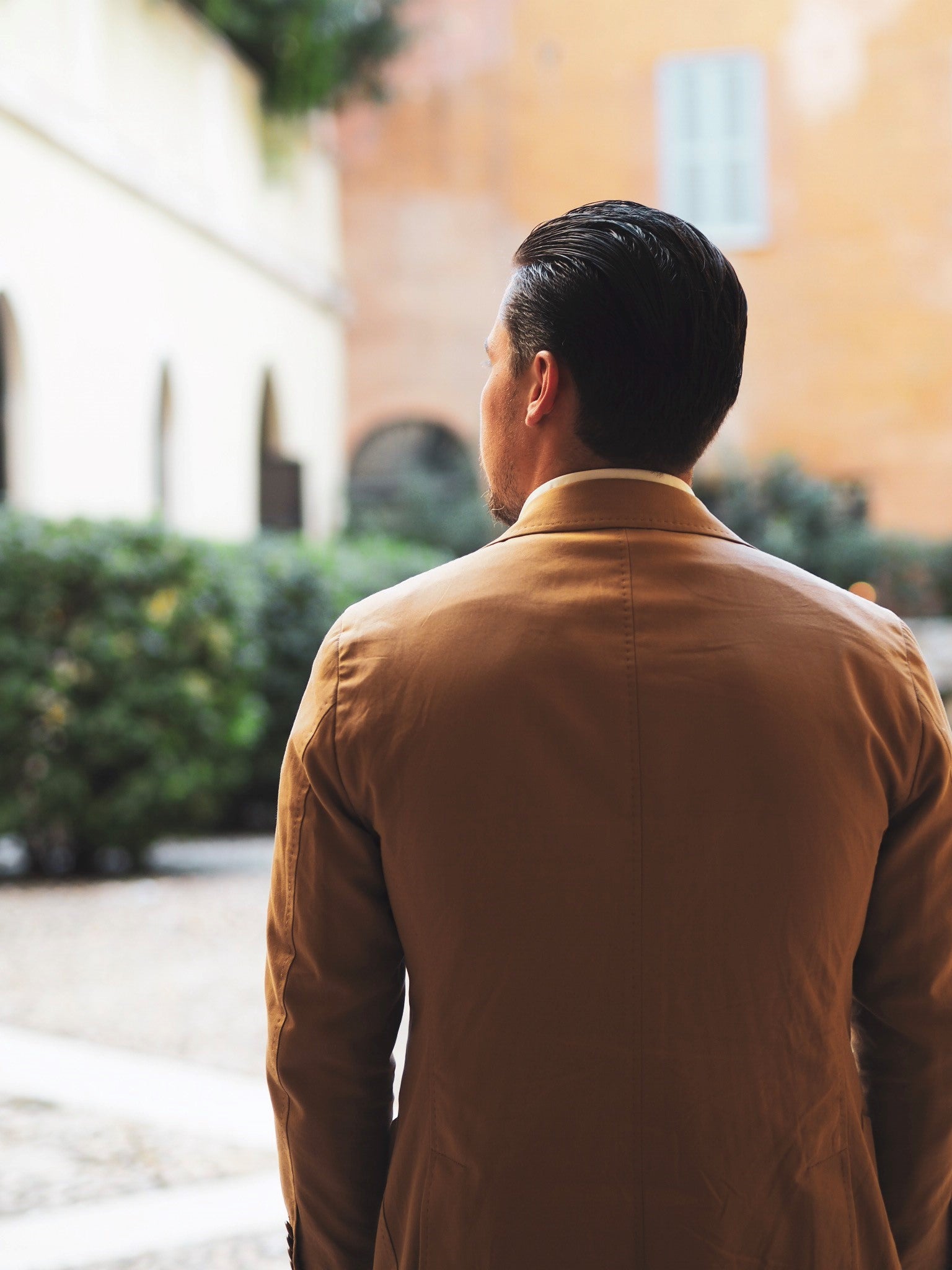 Camel colored cotton suit jacket handmade details