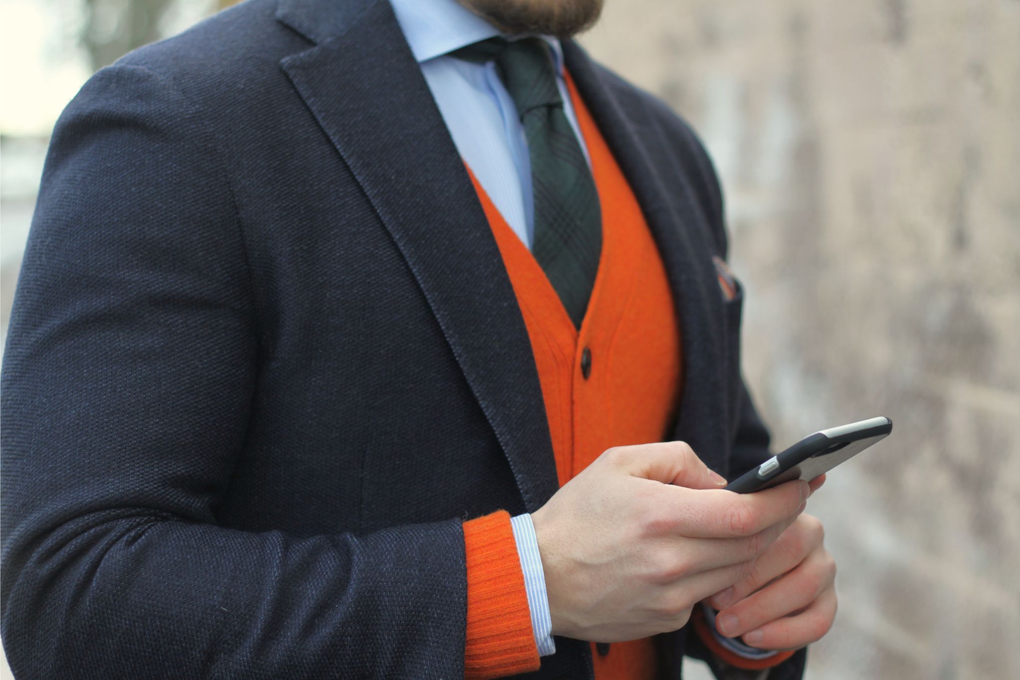 Cardigan with sport coat - bottle green tie with orange cardigan