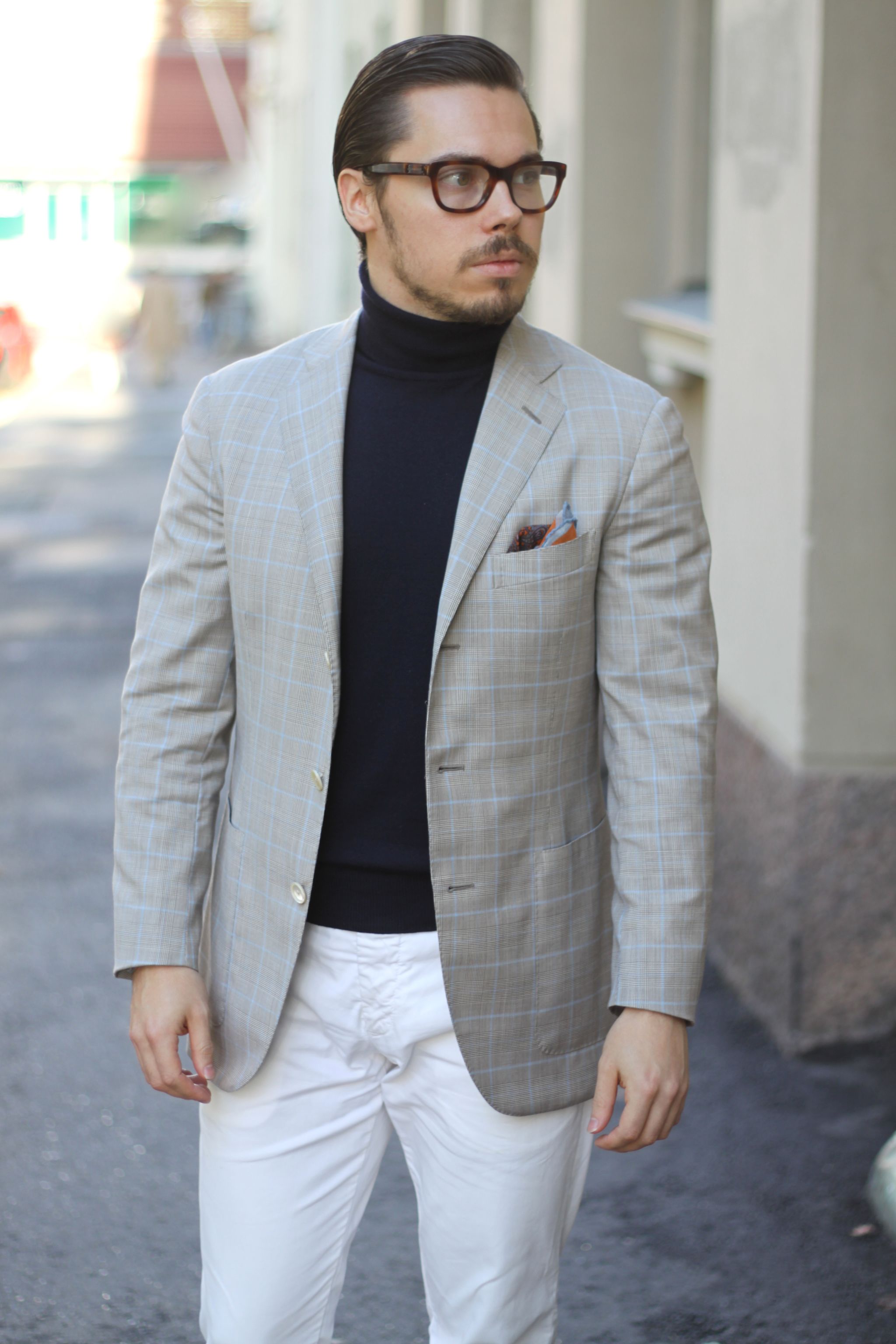 Sport coat with roll neck sweater and cotton slacks