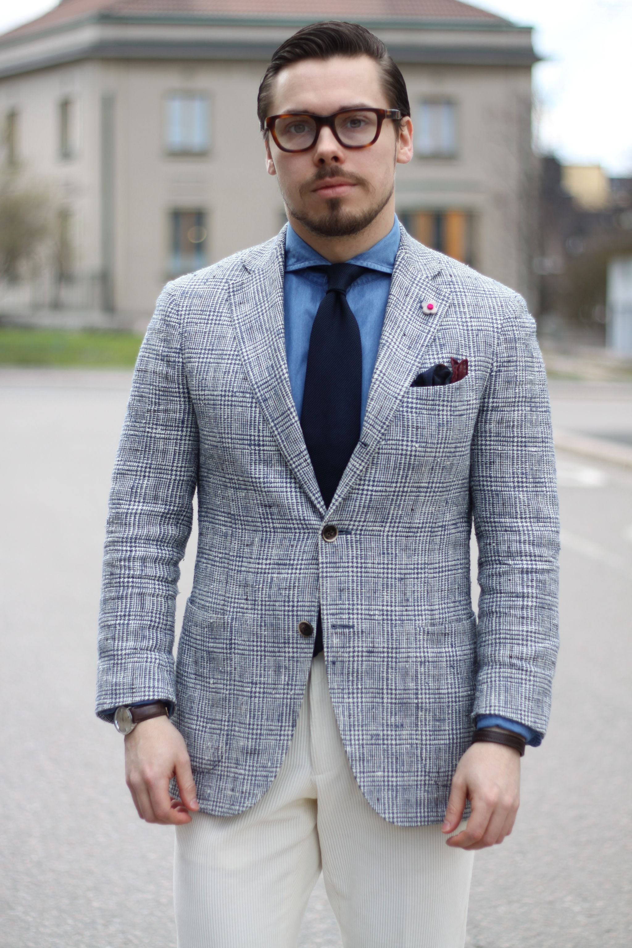 Checked sport coat with denim shirt