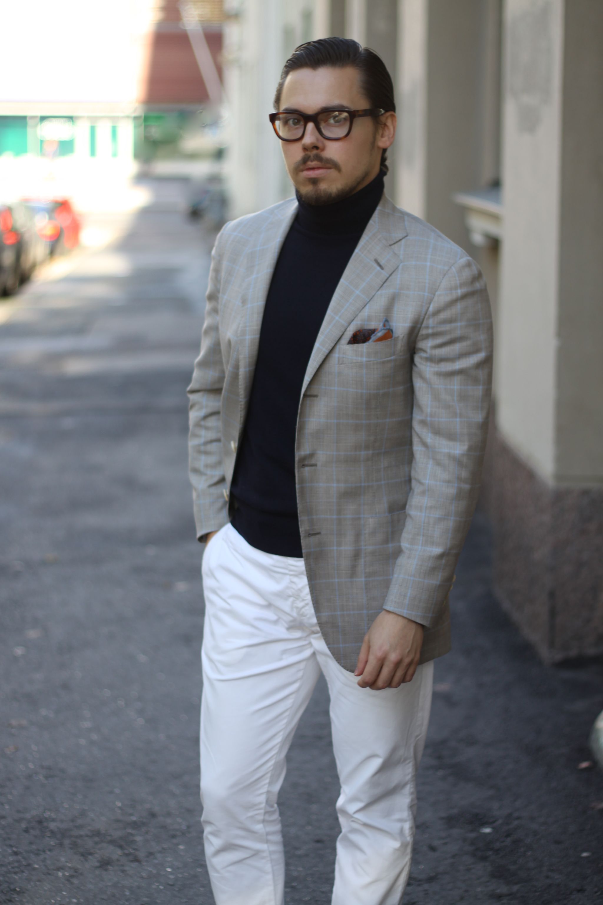 Checked sport coat with white trousers