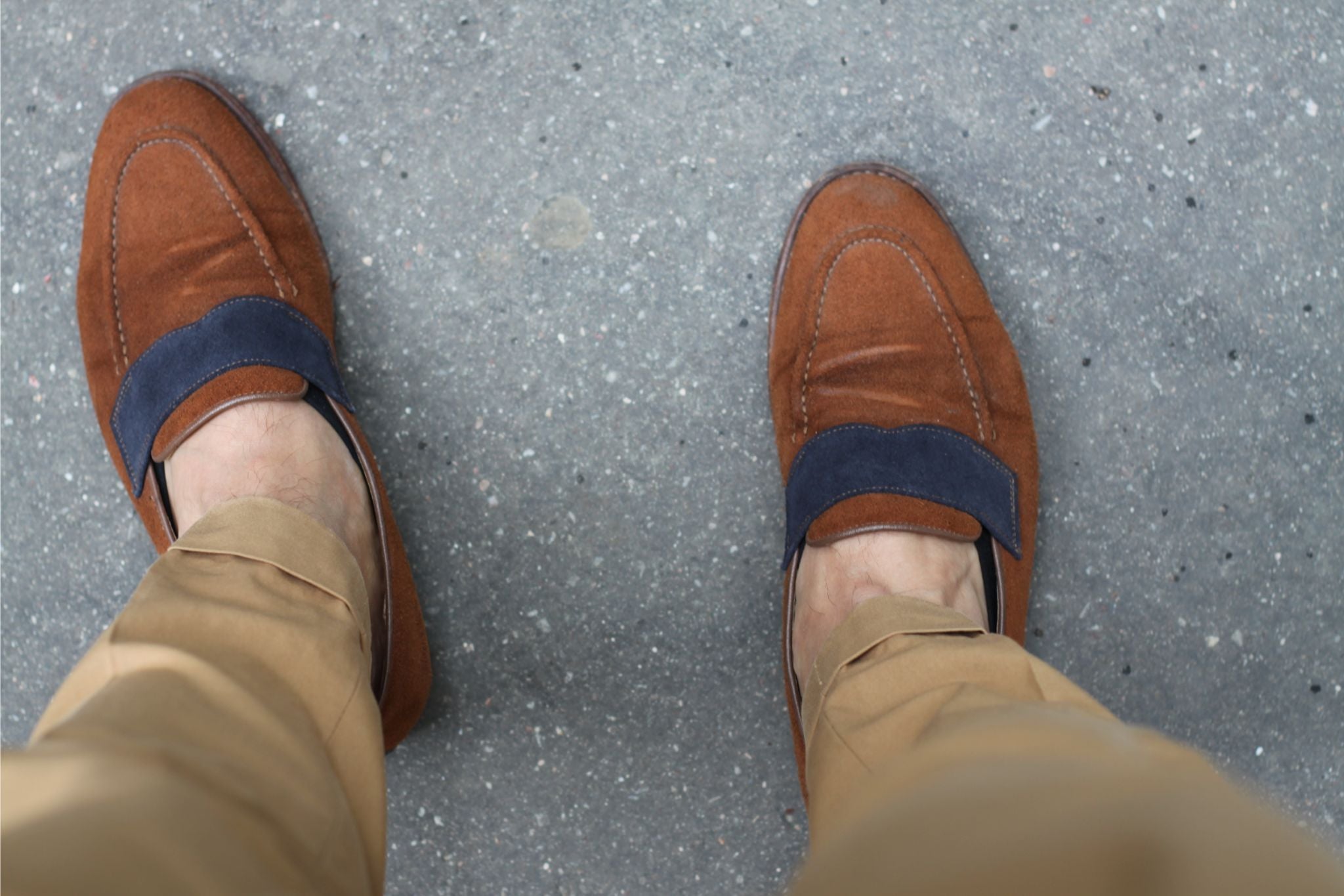 Christian Kimber suede loafers with cuffed cotton slacks