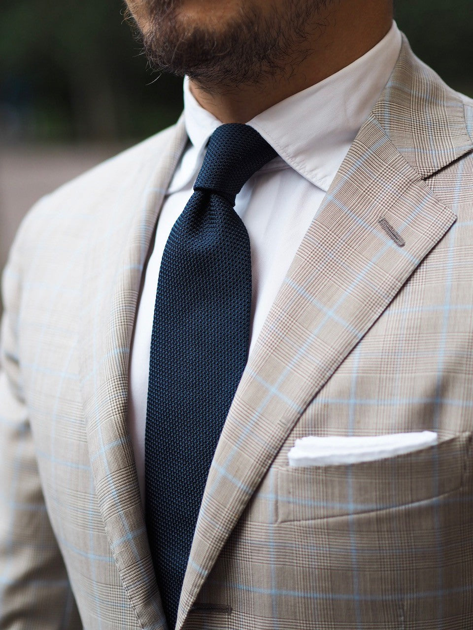 DLA navy blue grenadine tie texture with checked sport coat white shirt and white linen pocket square