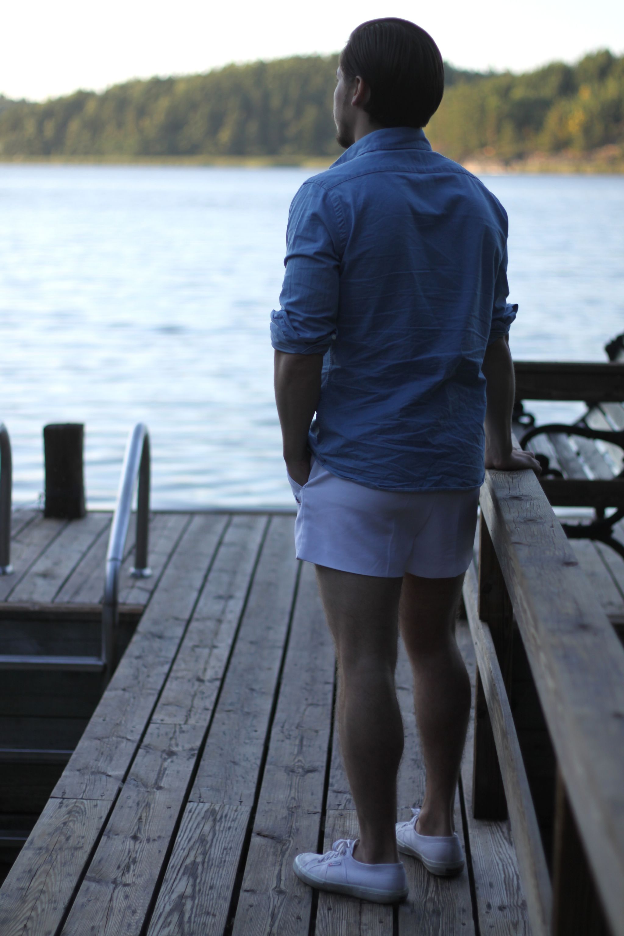 Denim shirt with white shorts and superga sneakers