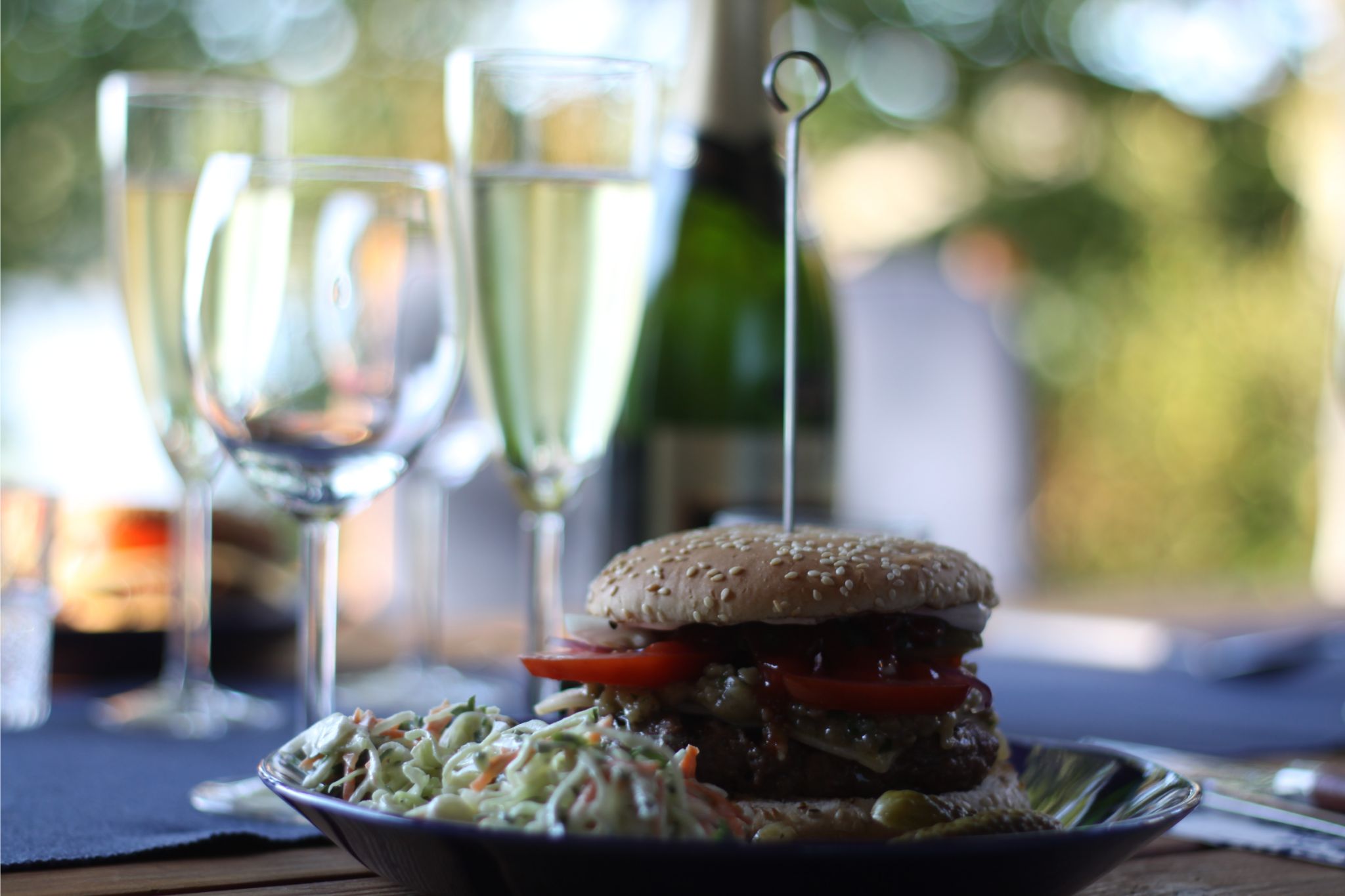 Homemade burgers and champagne