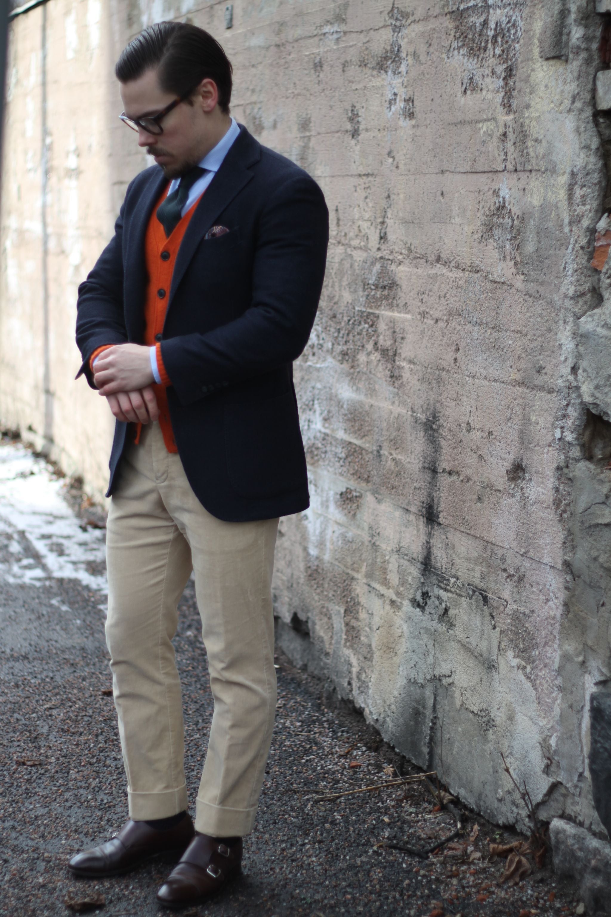 Cardigan with sport coat - blue blazer with cardigan, sand colored trousers and brown double monks by Carmina