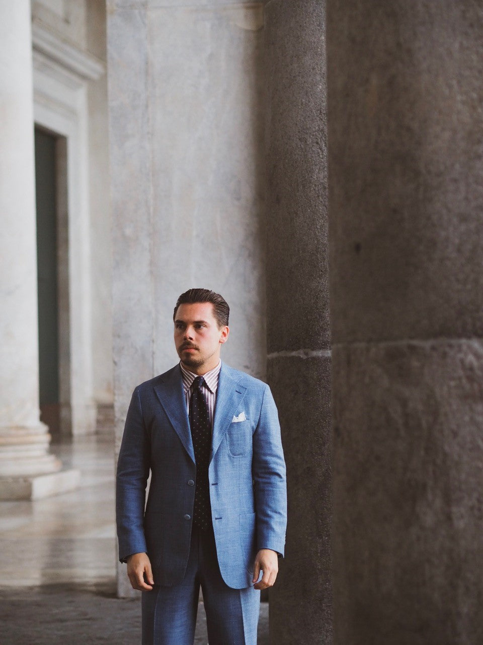 Striped linen shirt and blue floral tie with light blue lightweight suit