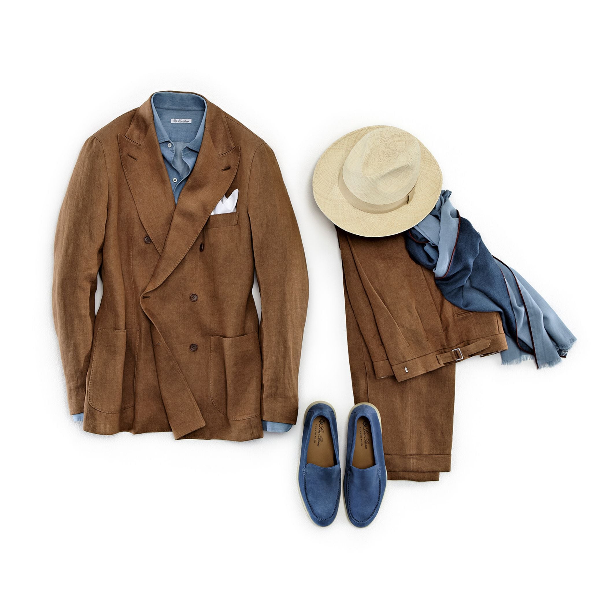 Loro Piana spring and summer 2016 double-breasted linen suit with denim shirt