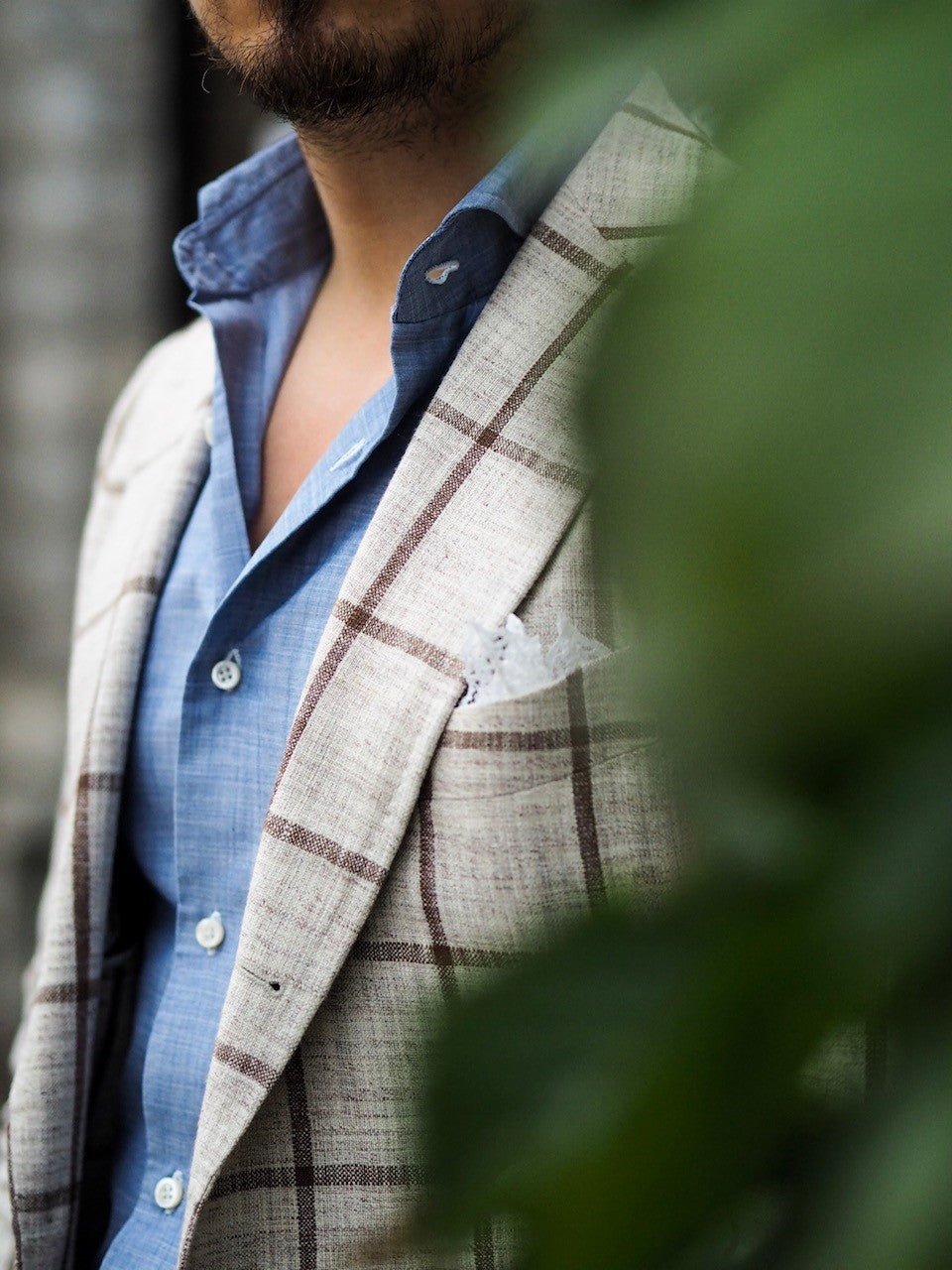 Made-to-measure windowpane suit jacket with chambray shirt
