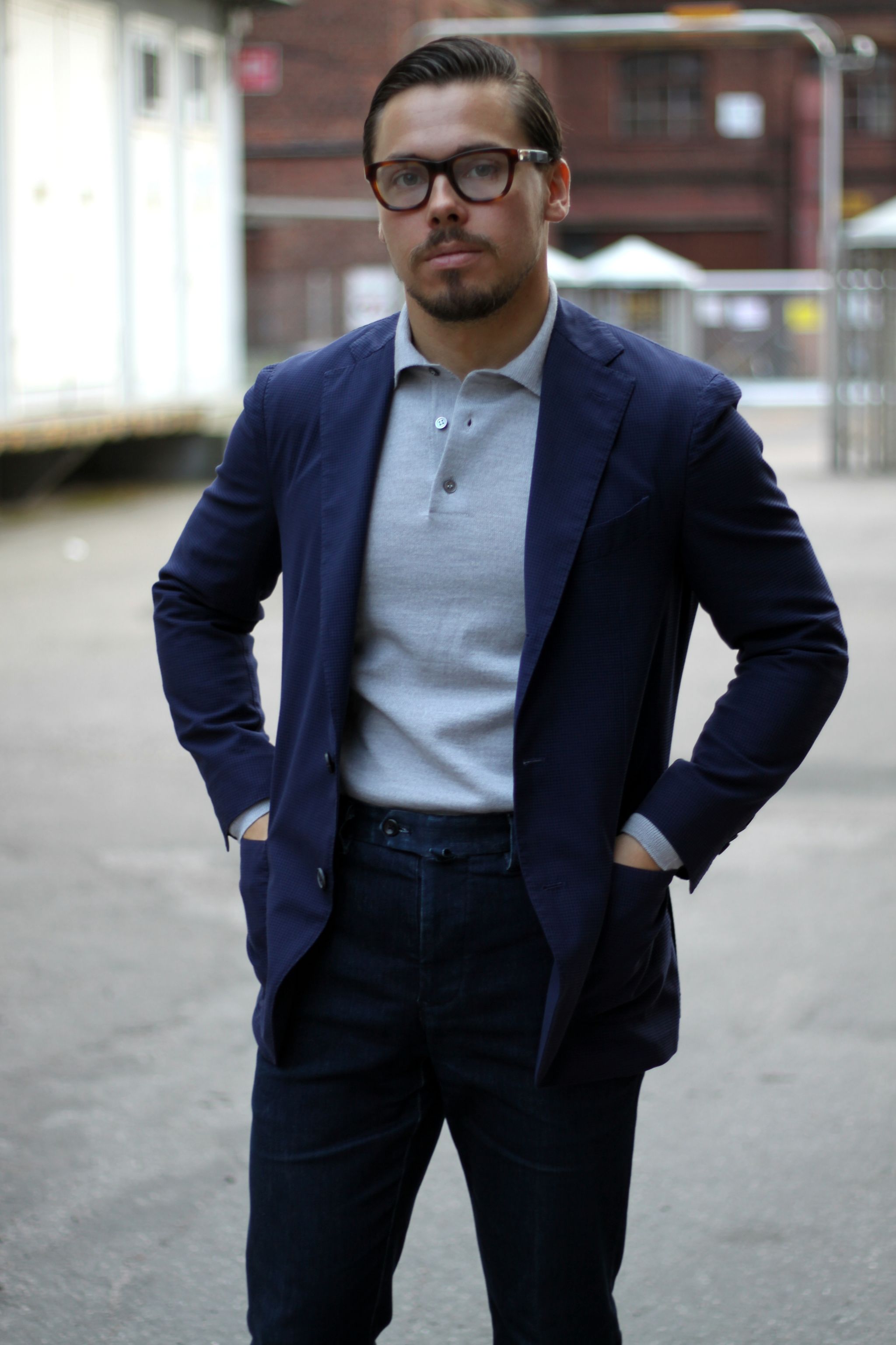 Navy blazer with long sleeve merino wool polo shirt