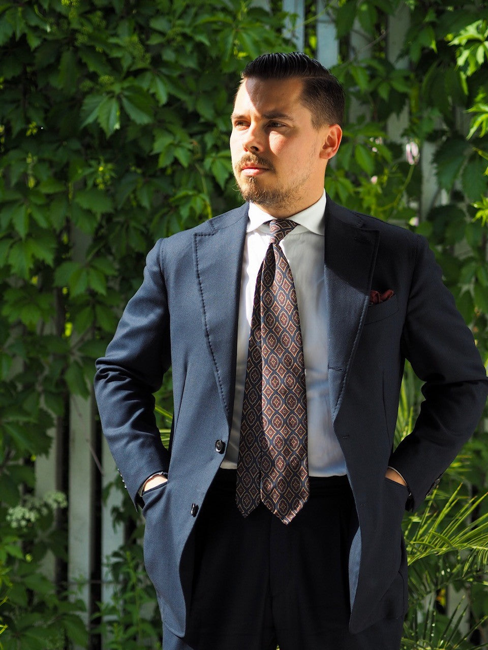 Navy blue mtm suit with vintage DLA tie and white shirt
