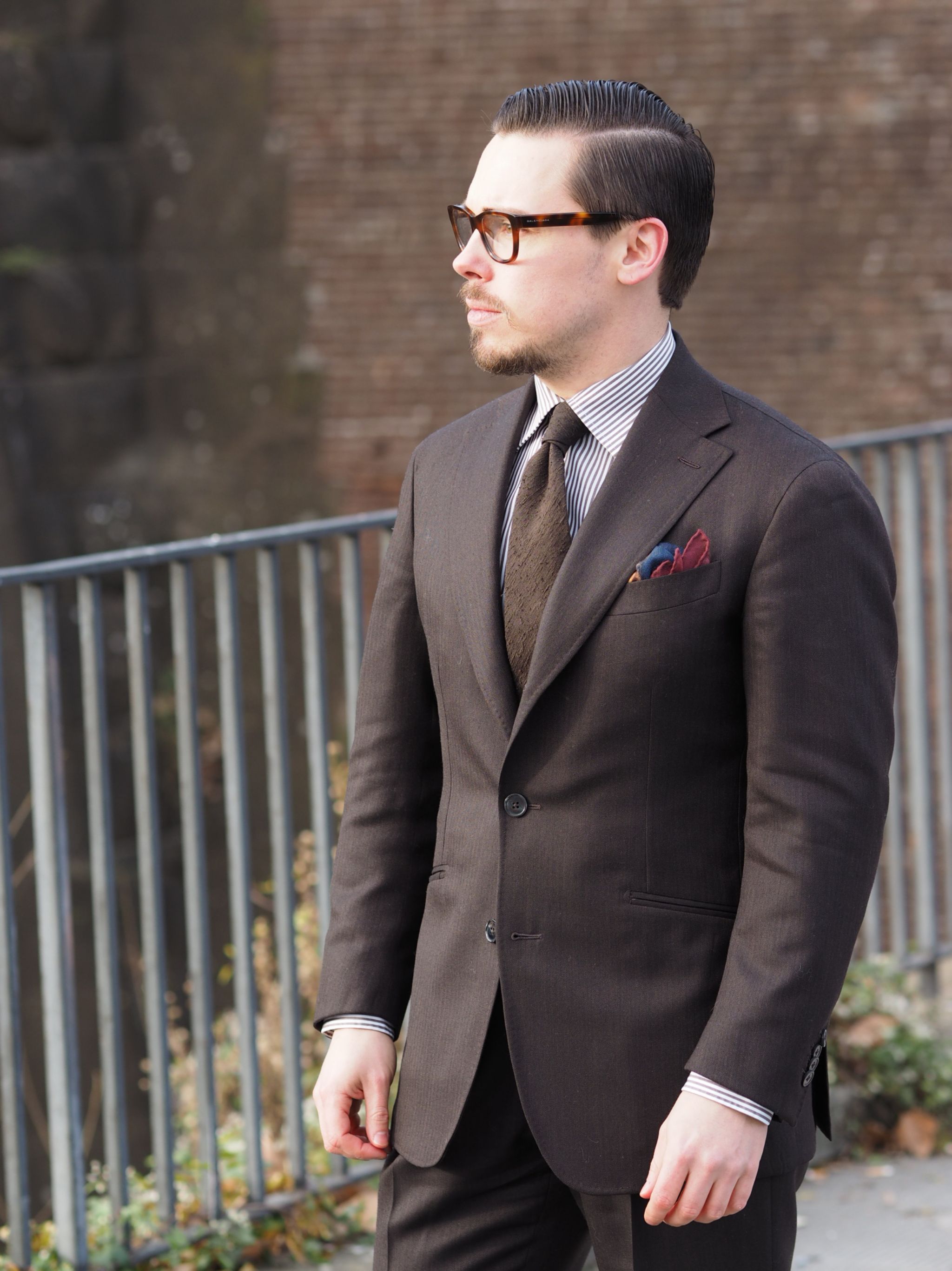 Pitti Uomo 91 DLA look book preview - brown wool suit with brown shantung silk tie and striped shirt